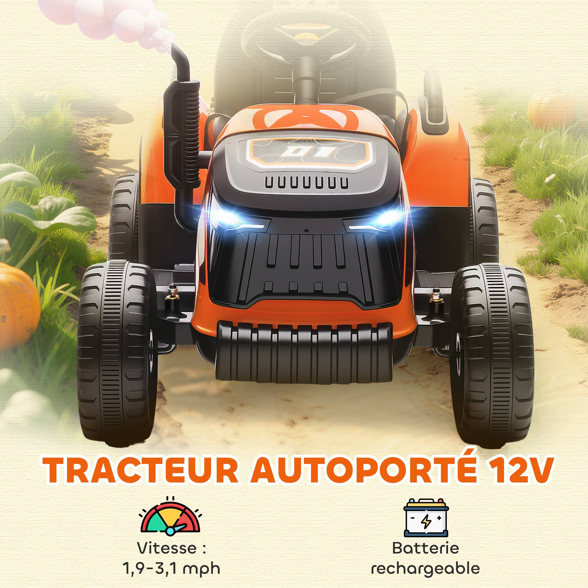 Sans Marque - Tracteur électrique enfants avec remorque amovible, voiture électrique enfants, télécommande 2,4G, 139x58x55cm, orange - Image 6