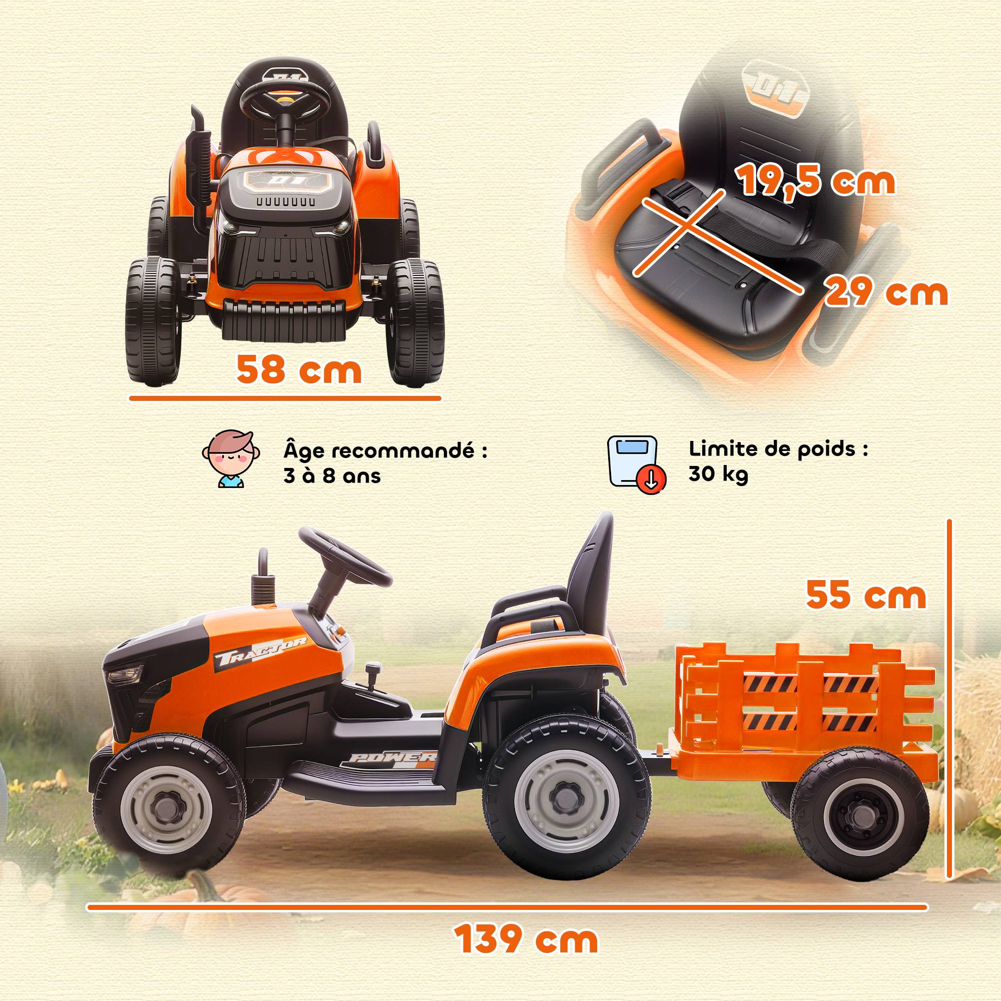 Sans Marque - Tracteur électrique enfants avec remorque amovible, voiture électrique enfants, télécommande 2,4G, 139x58x55cm, orange - Image 5