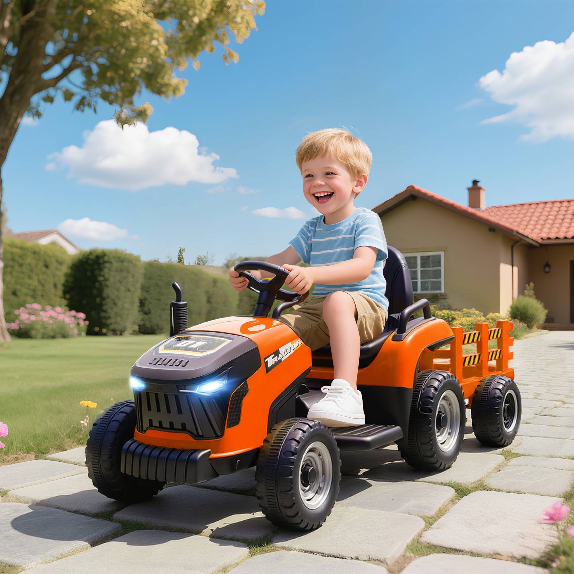 Sans Marque - Tracteur électrique enfants avec remorque amovible, voiture électrique enfants, télécommande 2,4G, 139x58x55cm, orange - Image 3