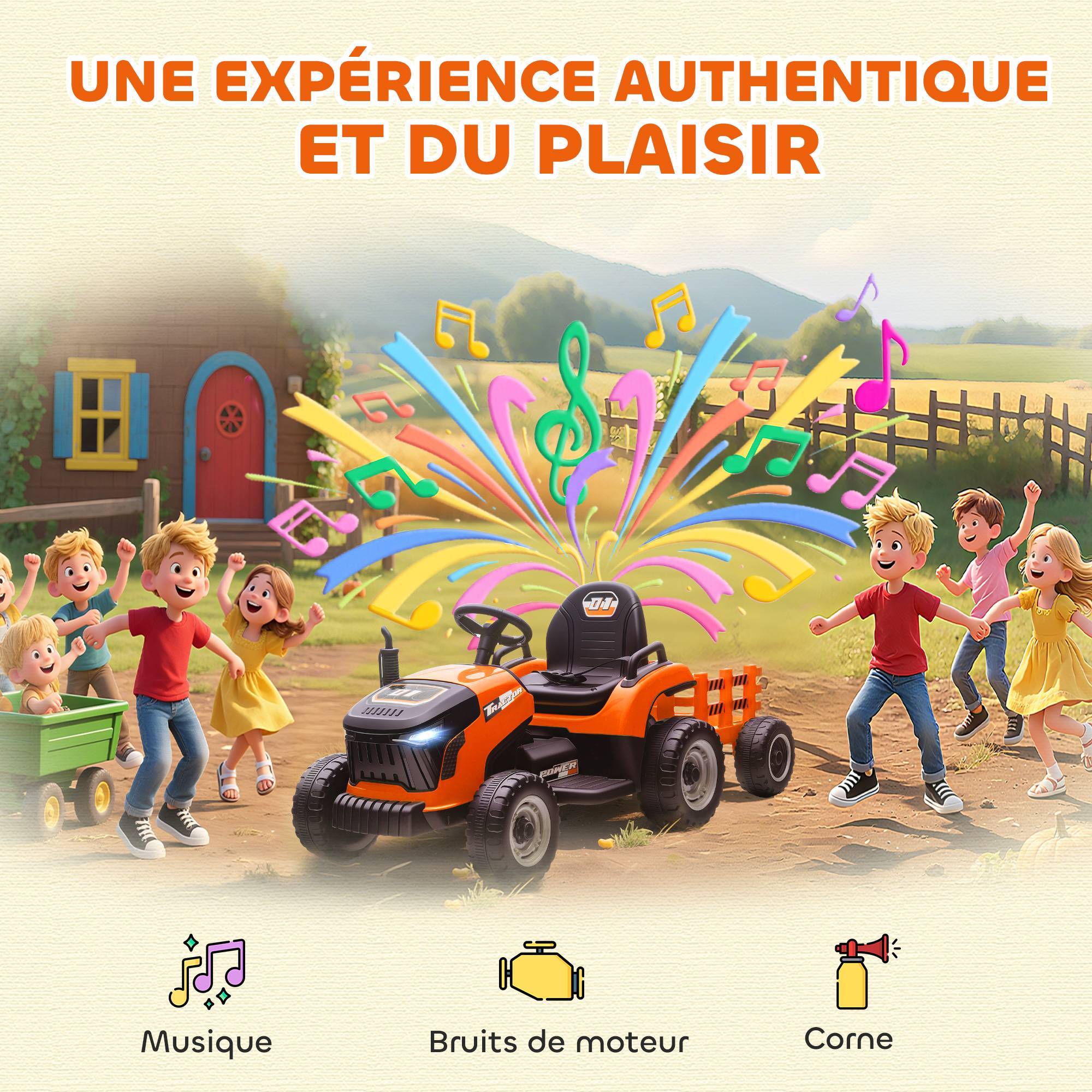 Sans Marque - Tracteur électrique enfants avec remorque amovible, voiture électrique enfants, télécommande 2,4G, 139x58x55cm, orange - Image 10