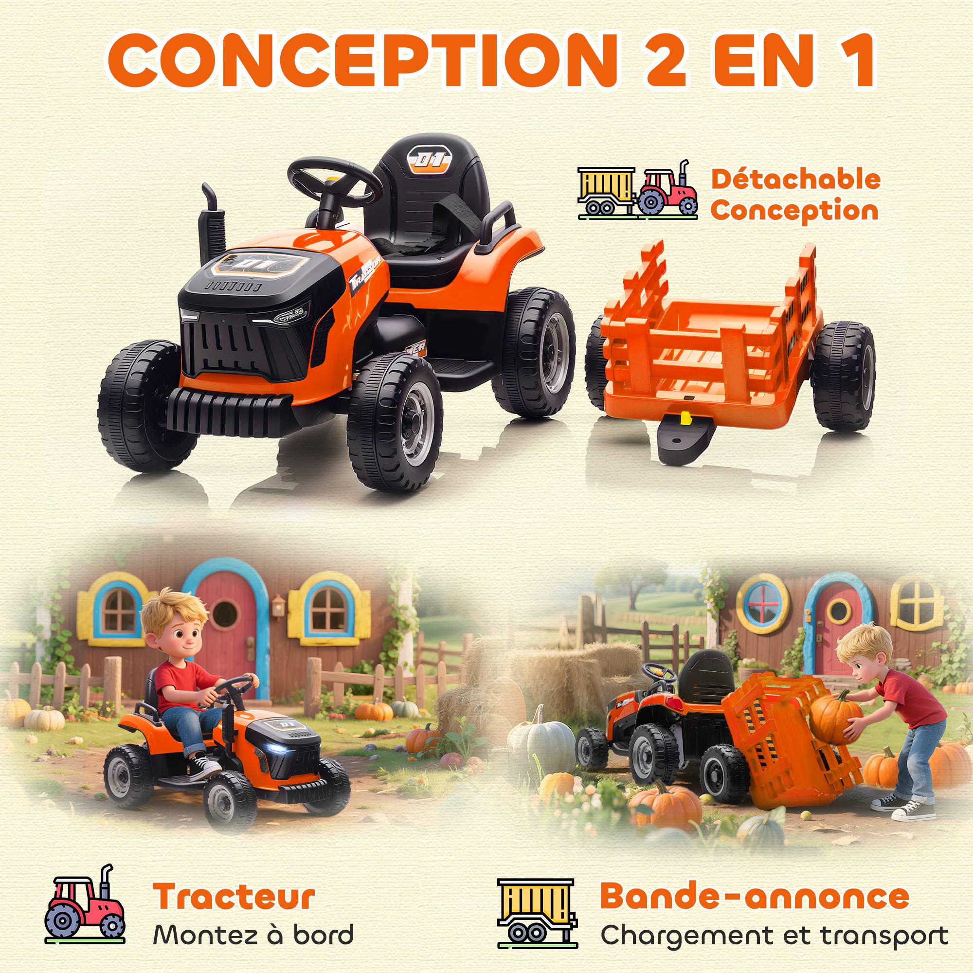 Sans Marque - Tracteur électrique enfants avec remorque amovible, voiture électrique enfants, télécommande 2,4G, 139x58x55cm, orange - Image 7
