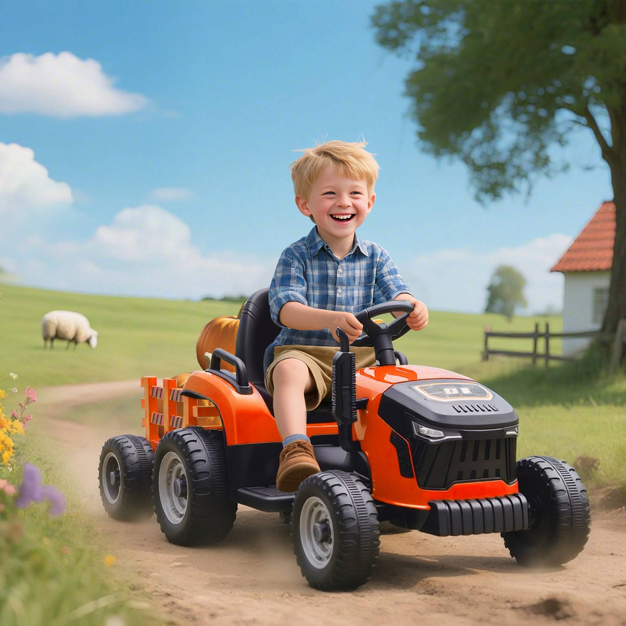 Sans Marque - Tracteur électrique enfants avec remorque amovible, voiture électrique enfants, télécommande 2,4G, 139x58x55cm, orange - Image 4