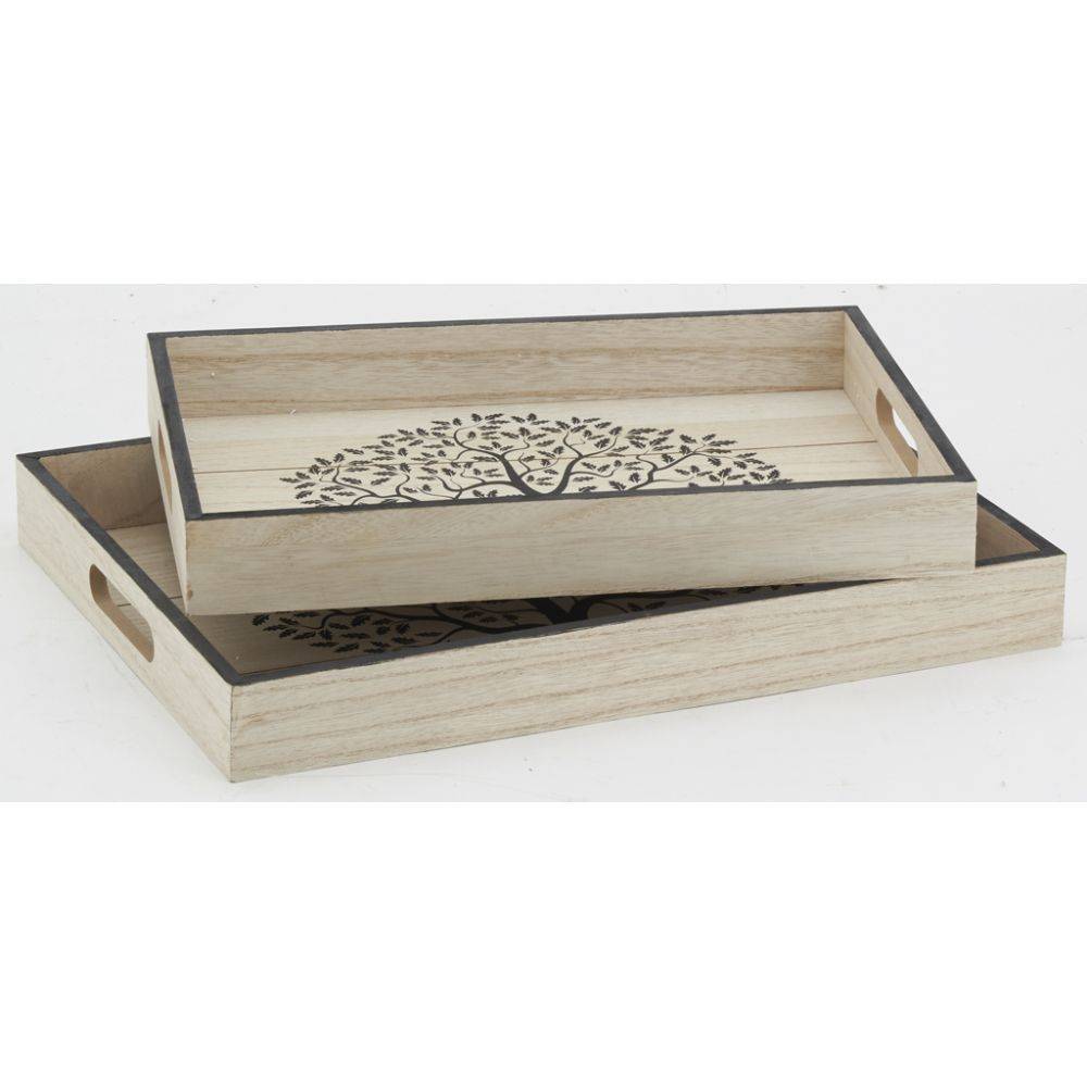 Aubry Gaspard - Plateaux rectangulaires en bois naturel Arbre de vie (Lot de 2) - Image 3