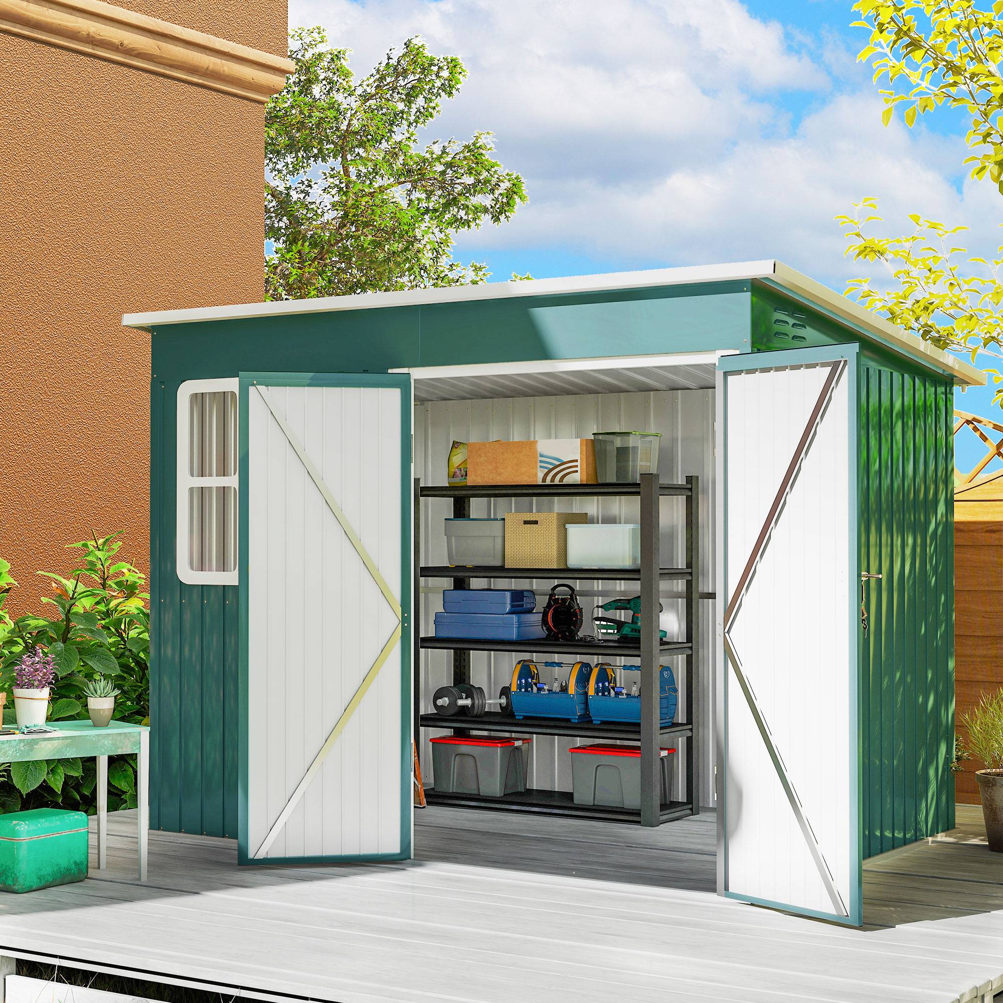 Sans Marque - Abri jardin métallique outils fenêtre large porte 260x177x190 cm vert - Image 3