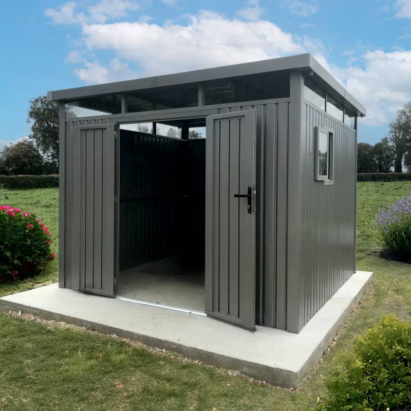 X-Metal - Abri de jardin 8,64m² acier galvanisé toit plat fenêtres Kosto X-Metal gris kit d'ancrage inclus - Image 5