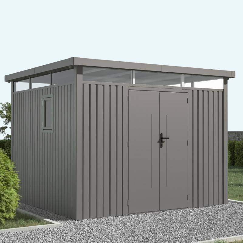 X-Metal - Abri de jardin 8,64m² acier galvanisé toit plat fenêtres Kosto X-Metal gris kit d'ancrage inclus - Image 4
