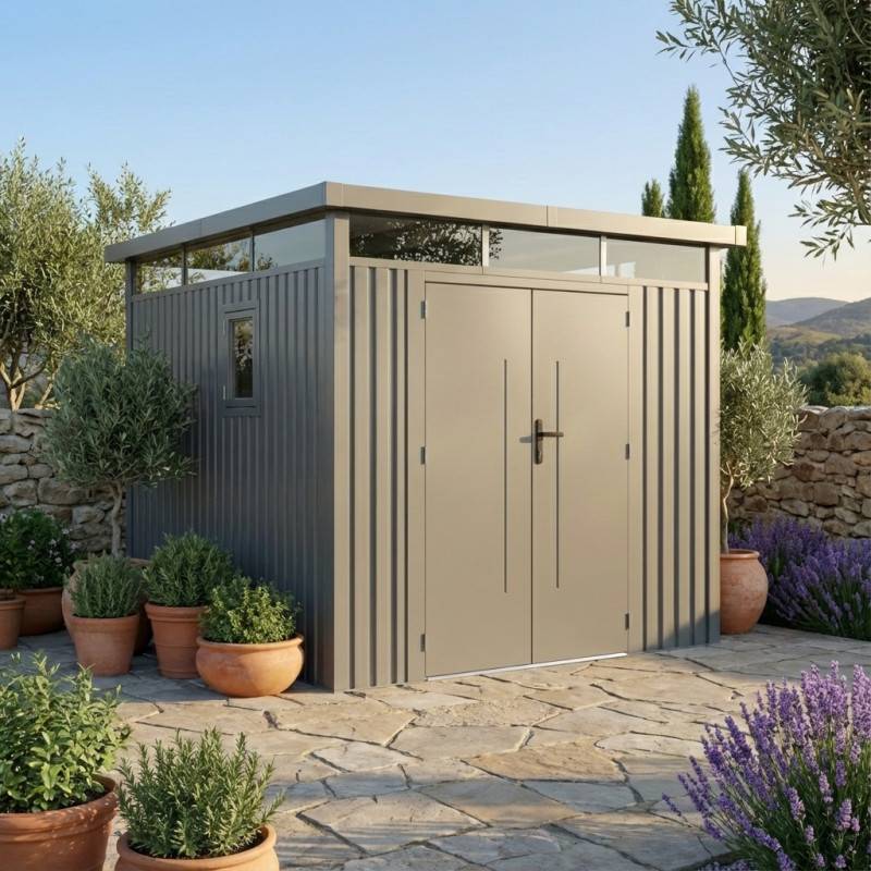 X-Metal - Abri de jardin 8,64m² acier galvanisé toit plat fenêtres Kosto X-Metal gris kit d'ancrage inclus - Image 2