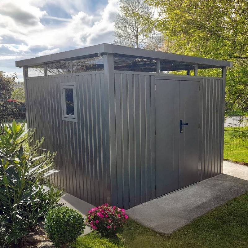 X-Metal - Abri de jardin 8,64m² acier galvanisé toit plat fenêtres Kosto X-Metal gris kit d'ancrage inclus - Image 6