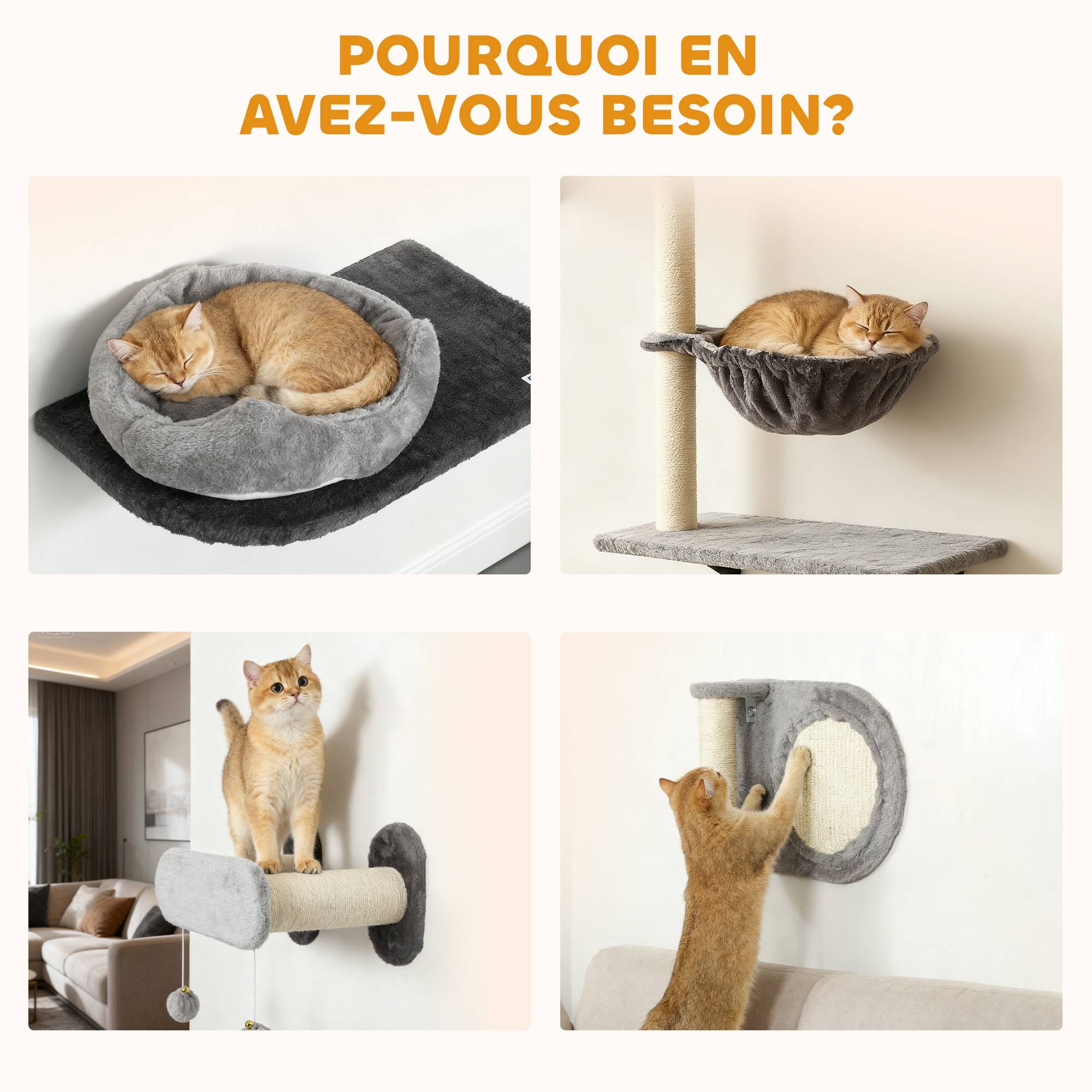 Étagères murales pour chat arbre à chat mural 5 pièces 2 niches hamac plateformes griffoirs en sisal gris - Image 9