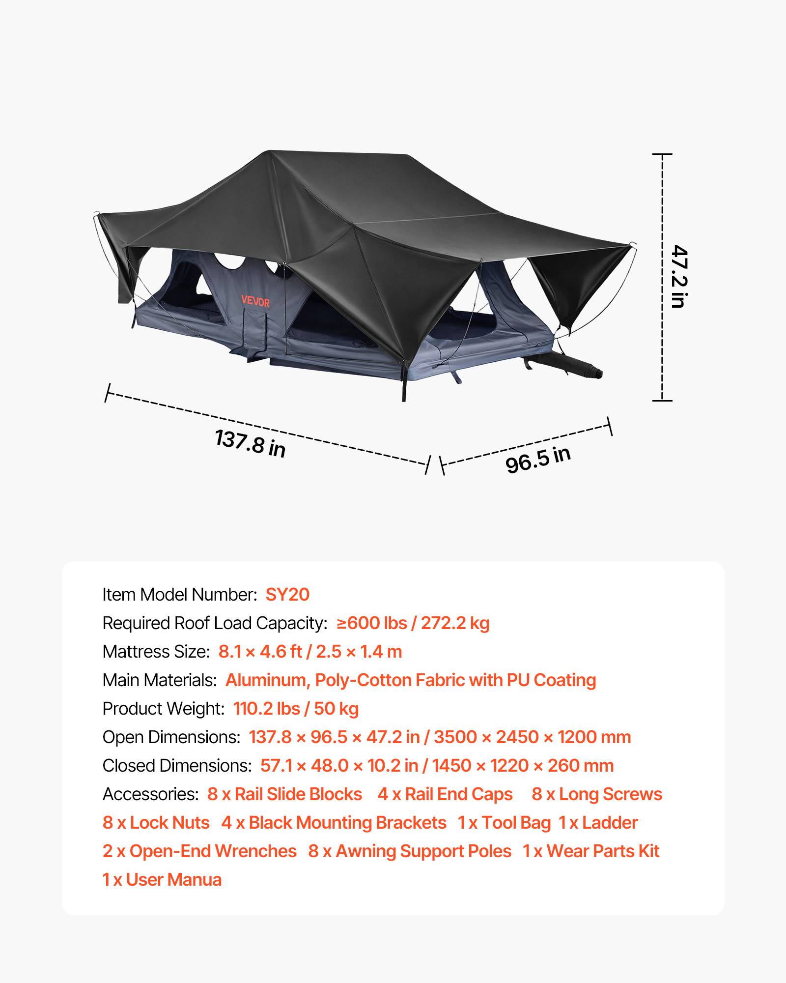 Vevor - VEVOR Tente de Toit Rigide pour Voiture Pliable pour 2-3 Personnes Camping - Image 7