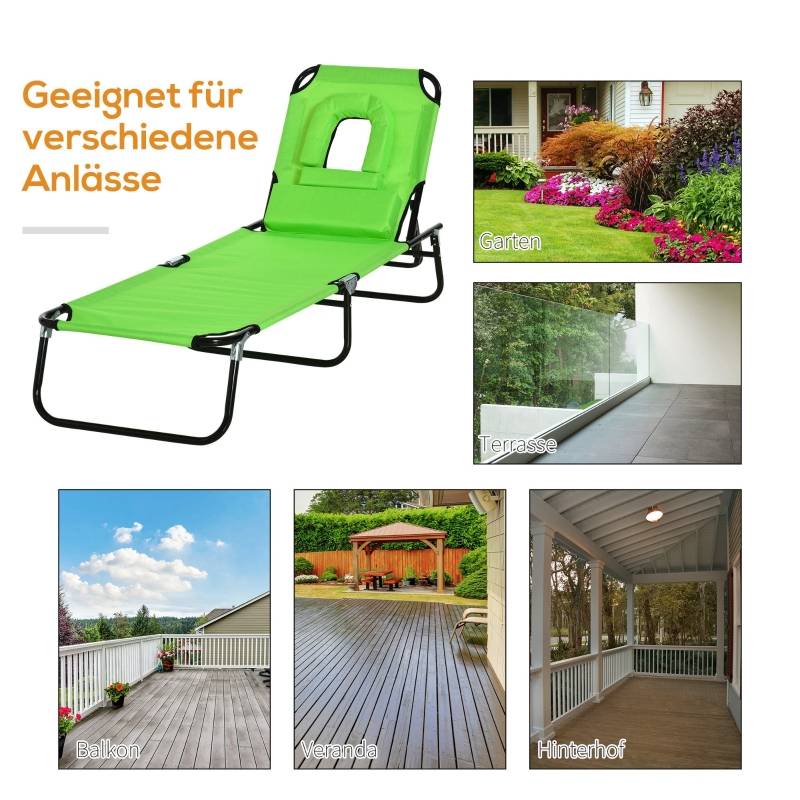 Bain de soleil pliable avec trou visage acier jardin dossier réglable vert 190x56cm - ComfortXL Outdoor Living - Image 4