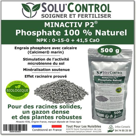 SOLU’CONTROL - 500 g de Minactiv P2® – Engrais phosphate naturel – Avec Calcimer® marin et stimulateur microbien – Racines solides, gazon dense - Image 1