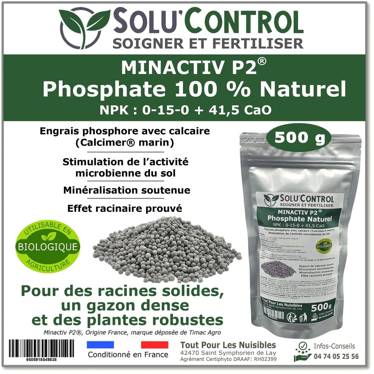 SOLU’CONTROL - 500 g de Minactiv P2® – Engrais phosphate naturel – Avec Calcimer® marin et stimulateur microbien – Racines solides, gazon dense - Image 1