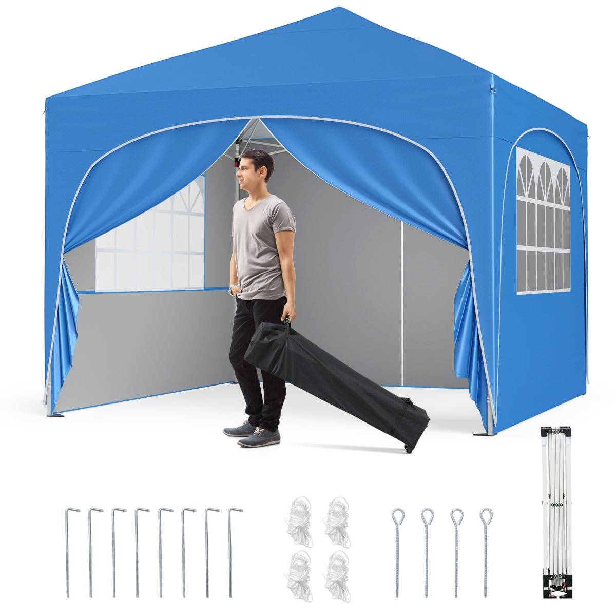 Maison Chic - Tonnelle de Jardin 3x3M avec 4 Parois Latérales Amovibles Tente de Reception avec Sac à Roulettes 8 Piquets 4 Ancres 4 Cordes à Vent Bleu F348R - Image 3