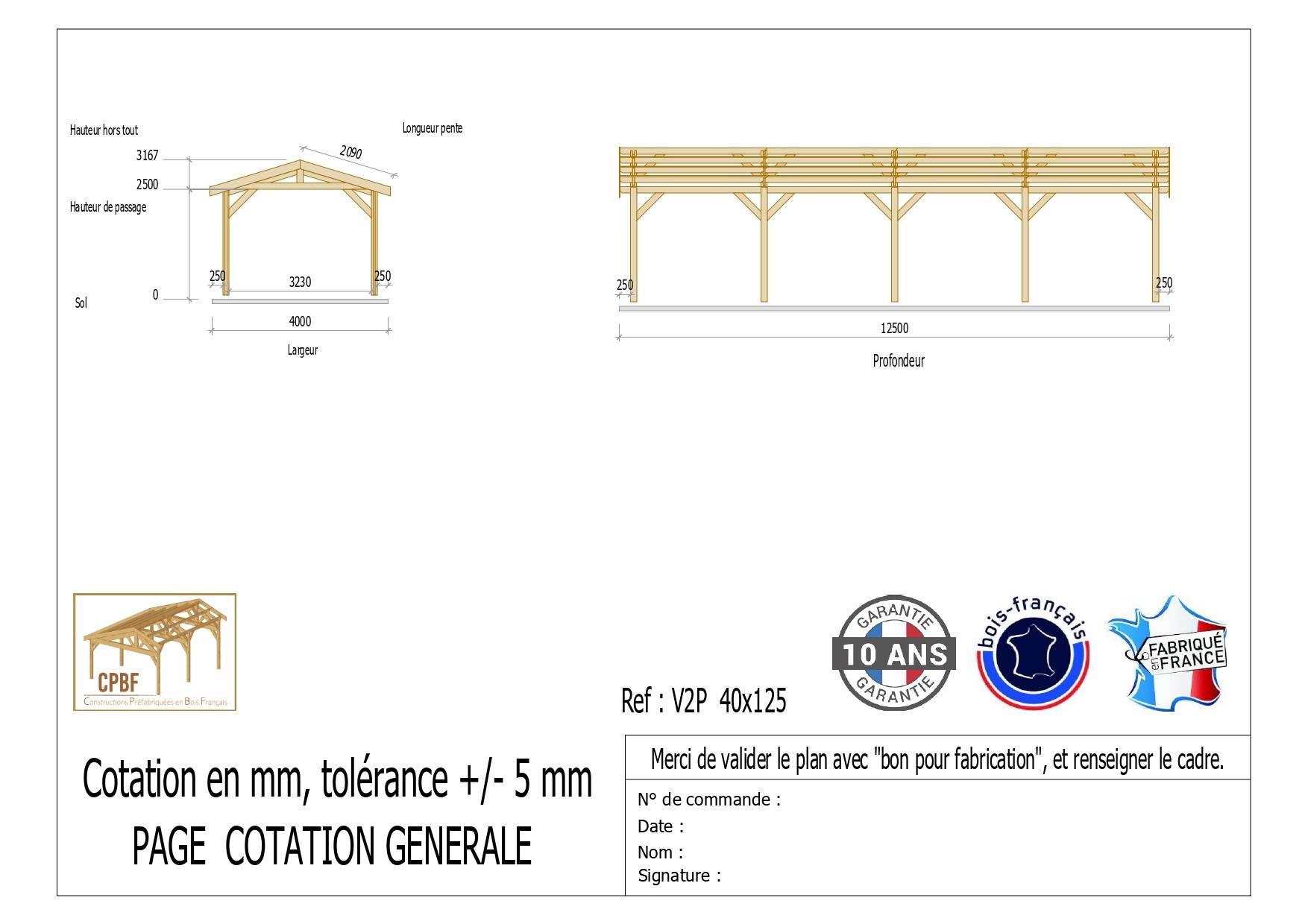 Cpbf Charpentes - Carport  deux pentes 400cmx1250cm, bois DOUGLAS Français  (Charpente en bois-auvent-abri voiture),  50 m². Garantie 10 ans - Image 2