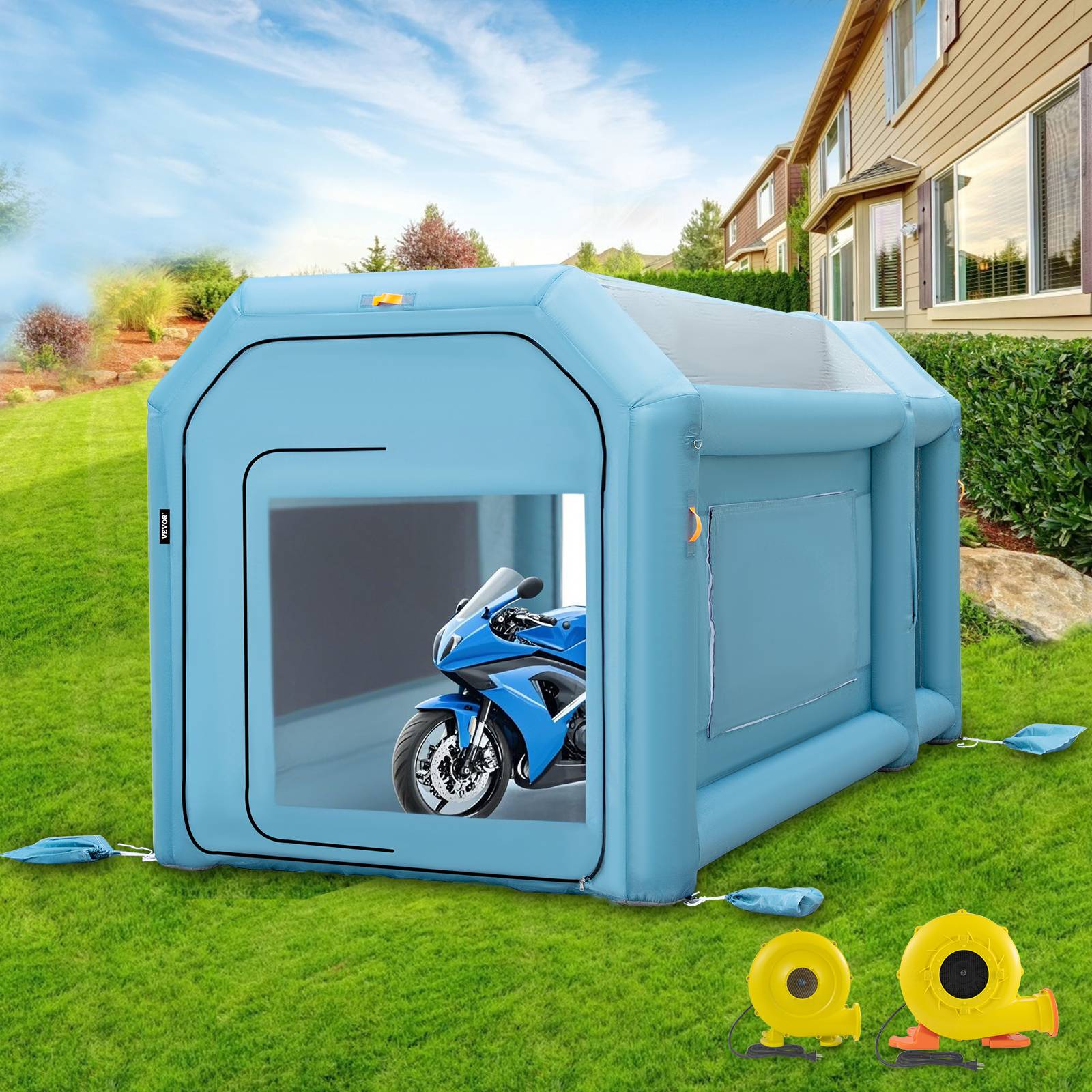 VEVOR Cabine peinture voiture 4x2.5x2.5m, tissu Oxford PVC, souffleurs 680W+330W, tente tunnel. - Image 8