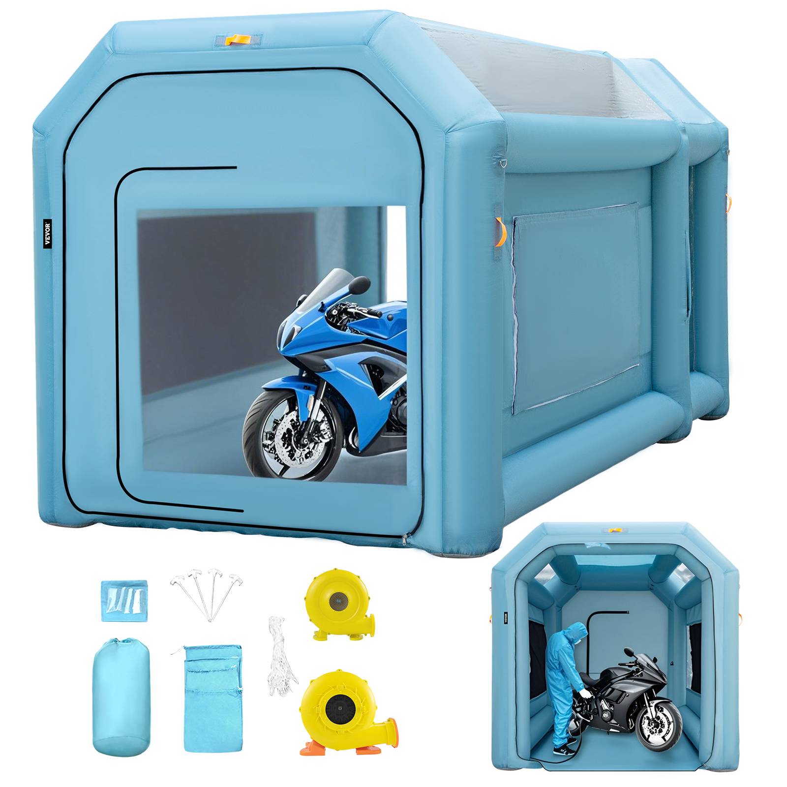 VEVOR Cabine peinture voiture 4x2.5x2.5m, tissu Oxford PVC, souffleurs 680W+330W, tente tunnel. - Image 1