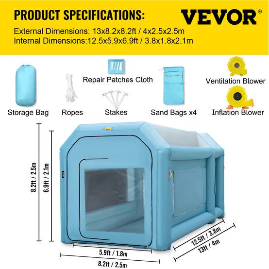 VEVOR Cabine peinture voiture 4x2.5x2.5m, tissu Oxford PVC, souffleurs 680W+330W, tente tunnel. - Image 7