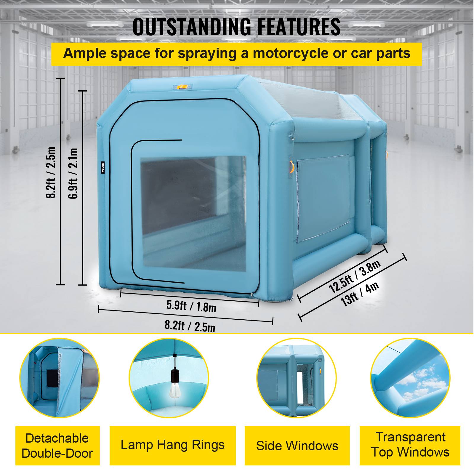 VEVOR Cabine peinture voiture 4x2.5x2.5m, tissu Oxford PVC, souffleurs 680W+330W, tente tunnel. - Image 4