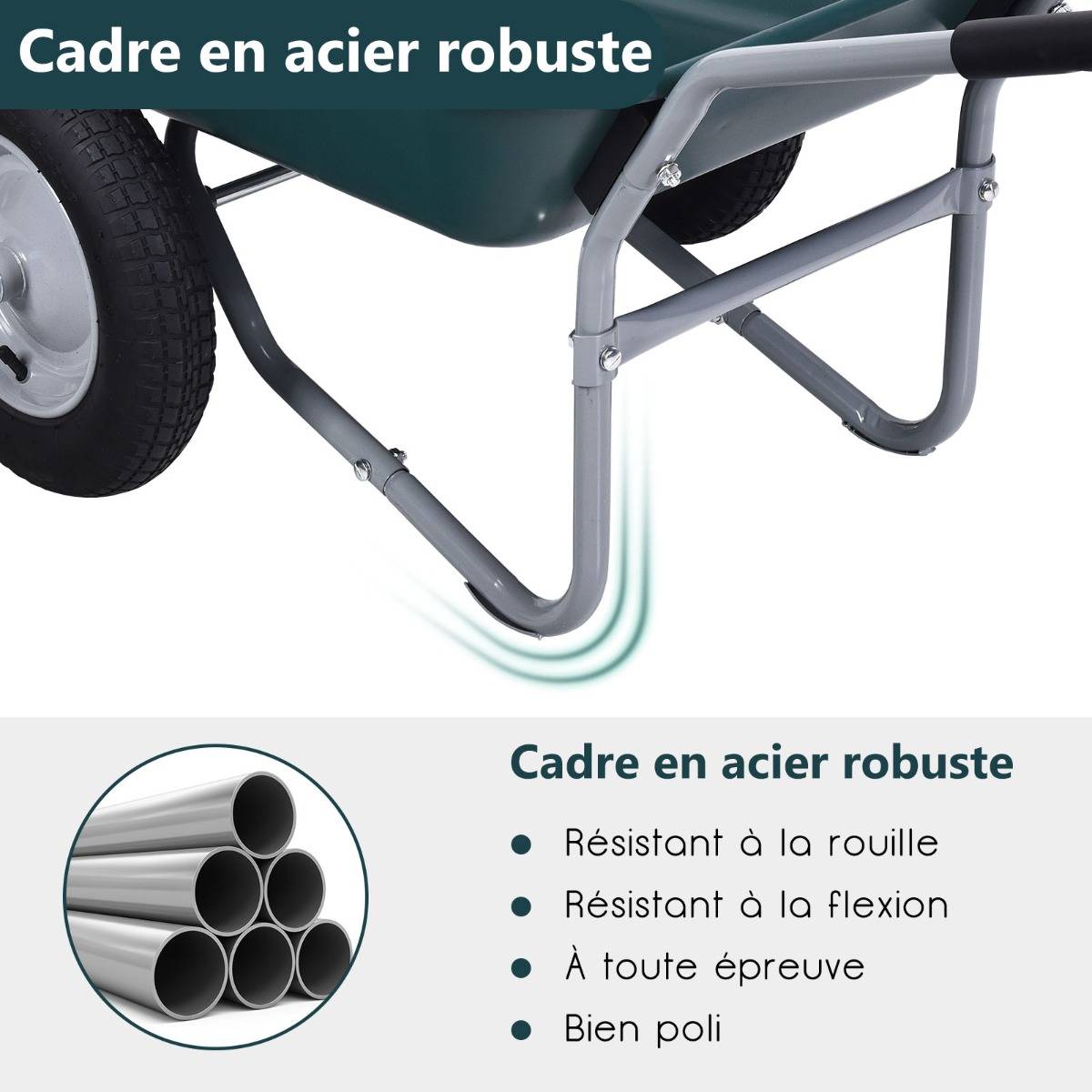 Maison Chic - Brouette de Jardin 2 Roues Brouette de Jardin Résistante en Fer avec Pneus Ø35cm Charge Max 100KG pour Jardinage/Maçonnerie Vert - Image 5