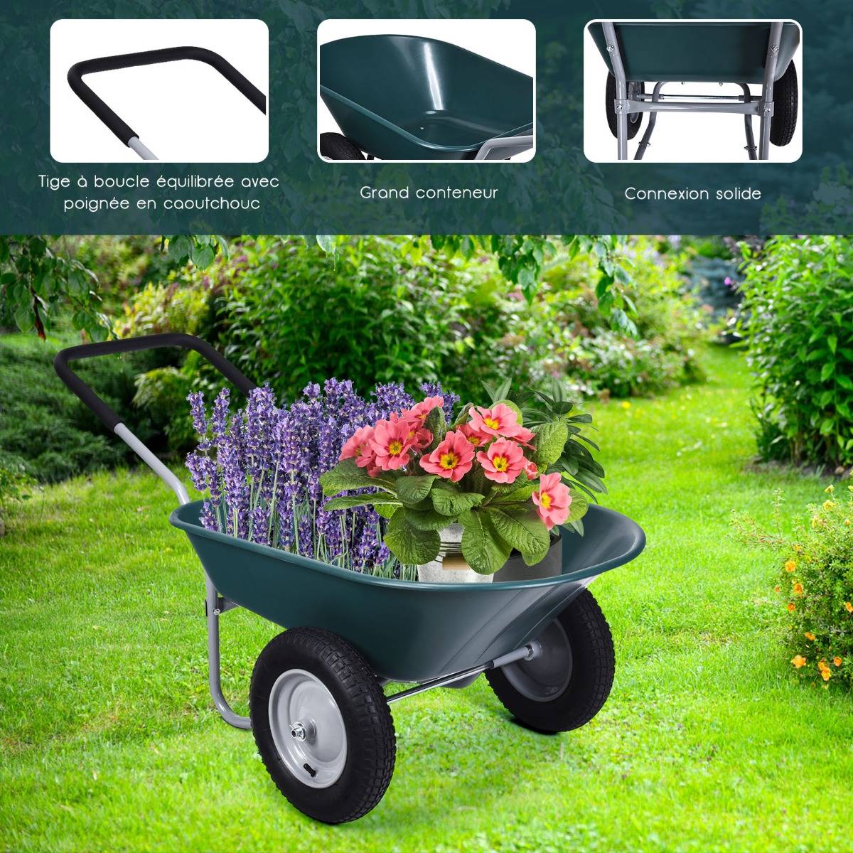 Maison Chic - Brouette de Jardin 2 Roues Brouette de Jardin Résistante en Fer avec Pneus Ø35cm Charge Max 100KG pour Jardinage/Maçonnerie Vert - Image 8