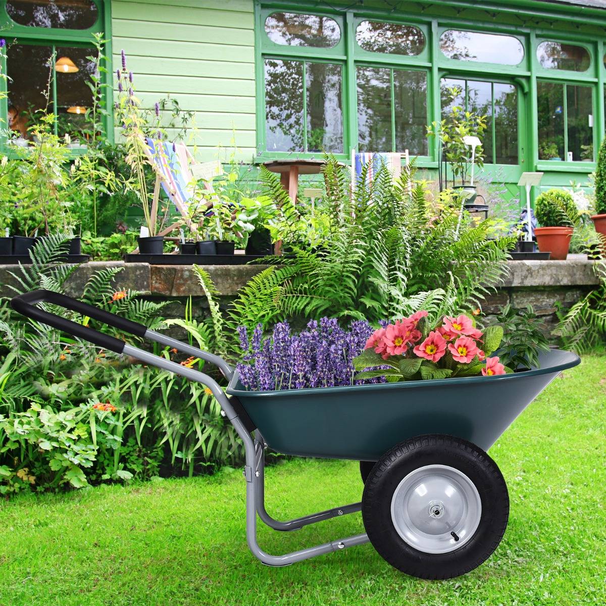 Maison Chic - Brouette de Jardin 2 Roues Brouette de Jardin Résistante en Fer avec Pneus Ø35cm Charge Max 100KG pour Jardinage/Maçonnerie Vert - Image 2