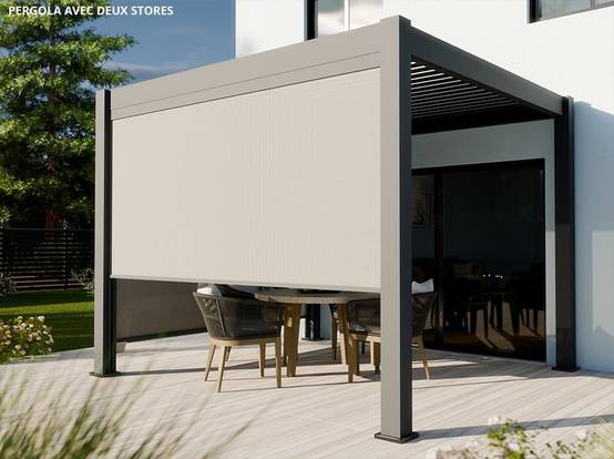 Pergola Bioclimatique Aluminium Autoportée 9m² - 3x3 m Deux Stores 3m Inclus - 19 Lames Aluminium Inclinables a 90 degrés - AURORA - Image 1