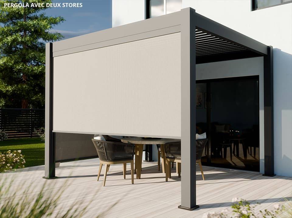 Pergola Bioclimatique Aluminium Autoportée 9m² - 3x3 m Deux Stores 3m Inclus - 19 Lames Aluminium Inclinables a 90 degrés - AURORA - Image 1