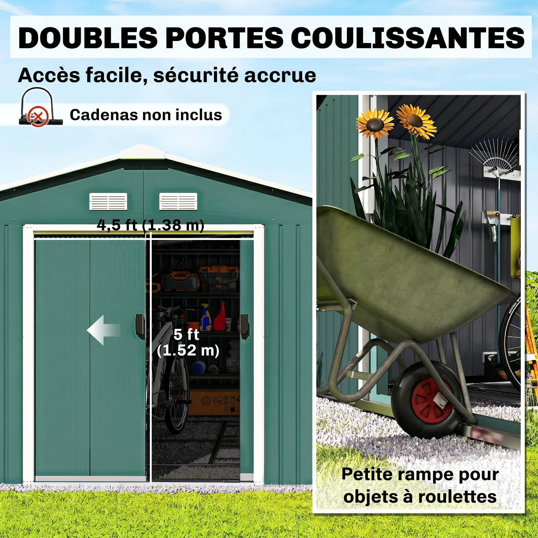 Abri de jardin en acier pour extérieur avec doubles portes coulissantes 340x386 cm vert - ComfortXL Outdoor Living - Image 7