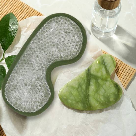 Gua Sha en Jade Vert Naturel pour Visage et Corps + Masque Yeux Thermothérapie Double utilisation Chaud/Froid - Sun&Sia - Image 1