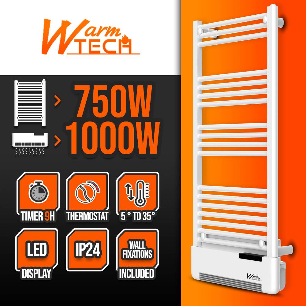 Radiateur sèche serviettes avec fluide 750W + soufflerie 1000W - Warm Tech - Image 2