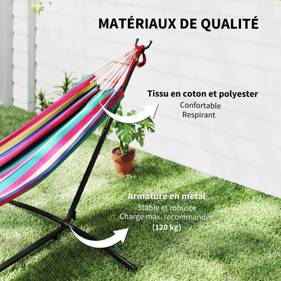 Hamac sur pied Métal Coton Jardin Terrasse Hauteur réglable 310cm Rouge - ComfortXL Outdoor Living - Image 7
