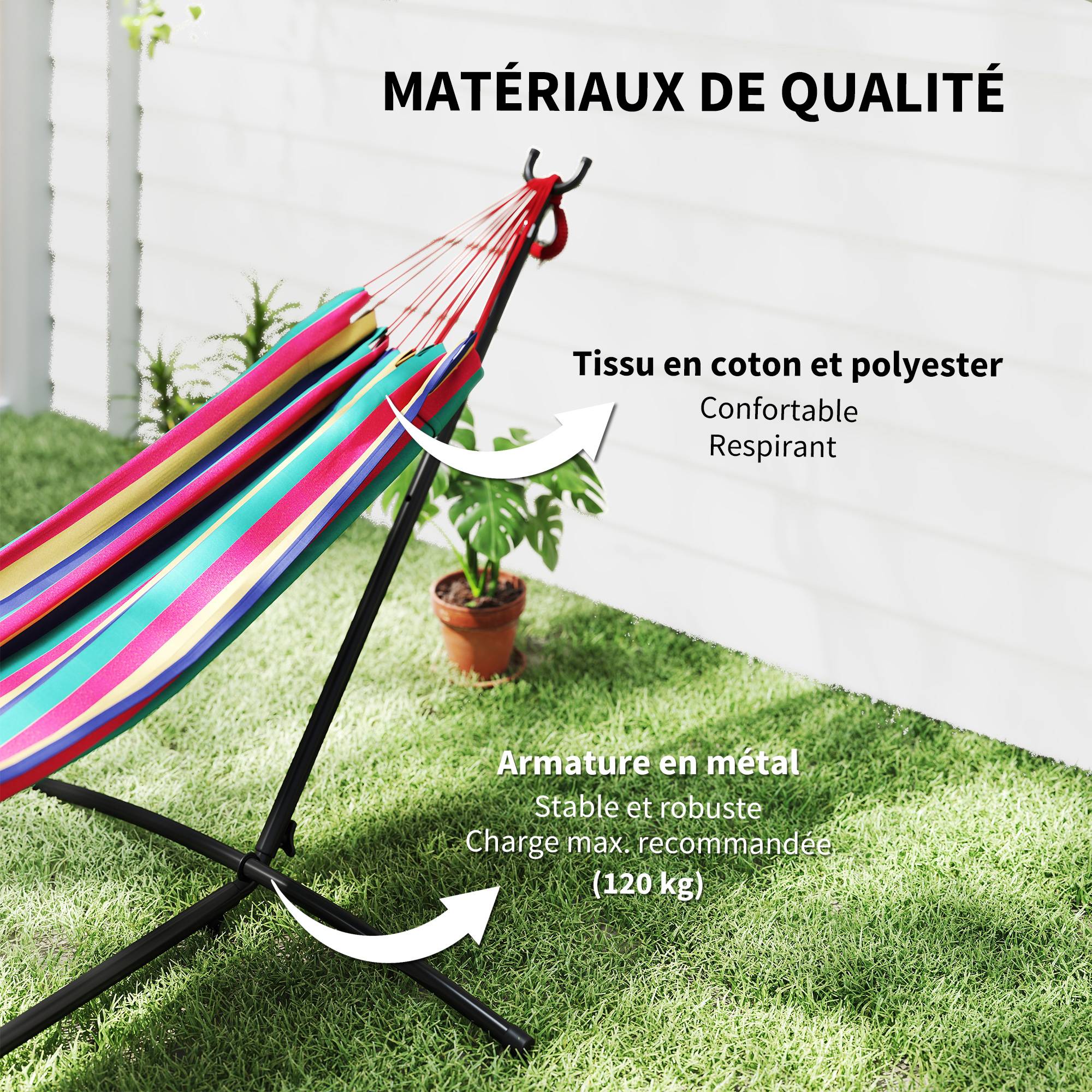 Hamac sur pied Métal Coton Jardin Terrasse Hauteur réglable 310cm Rouge - ComfortXL Outdoor Living - Image 7