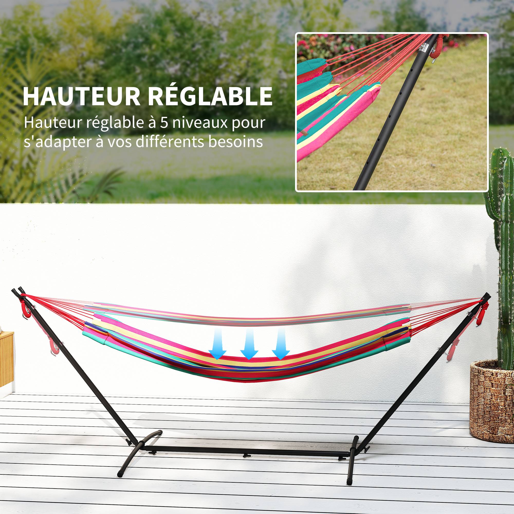 Hamac sur pied Métal Coton Jardin Terrasse Hauteur réglable 310cm Rouge - ComfortXL Outdoor Living - Image 6