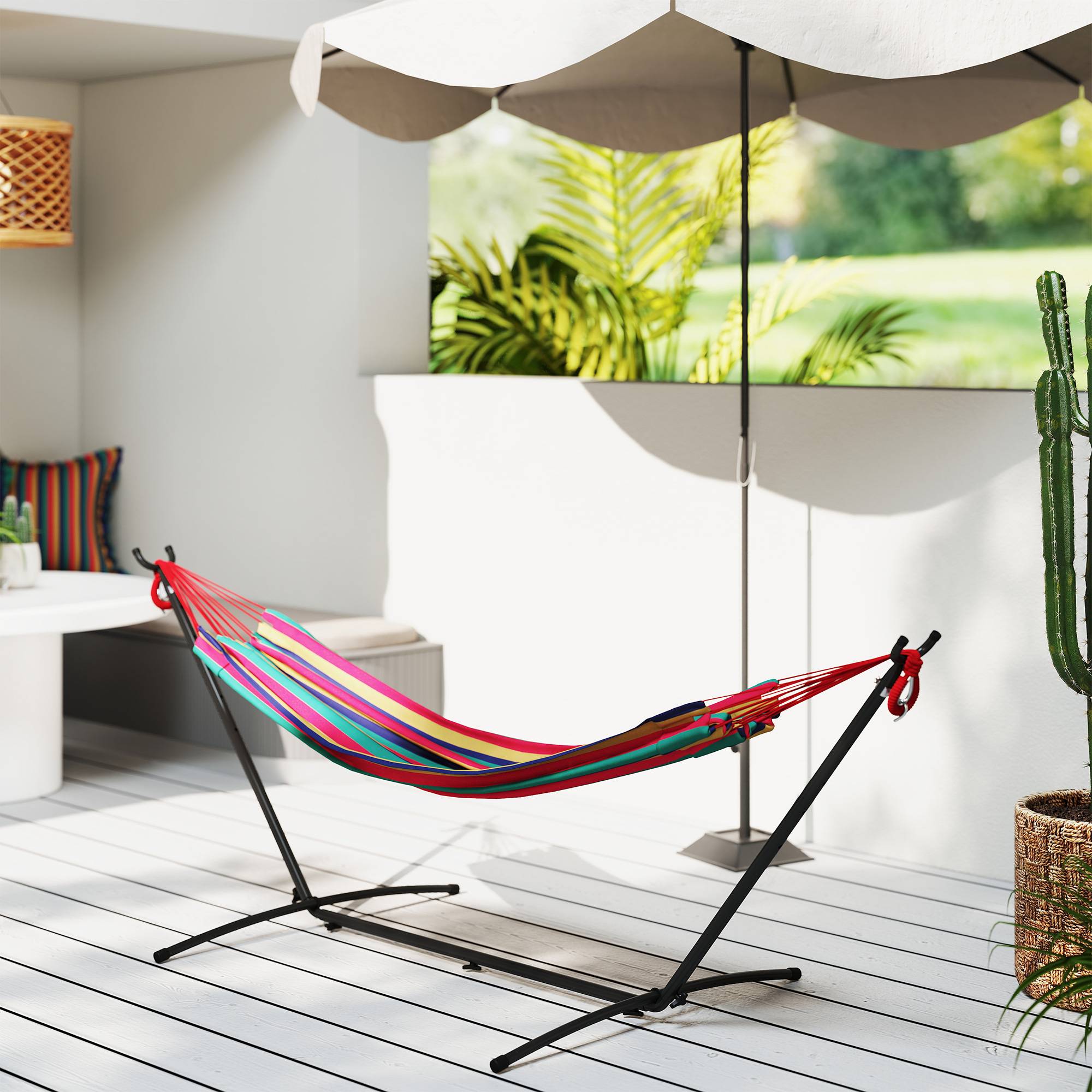 Hamac sur pied Métal Coton Jardin Terrasse Hauteur réglable 310cm Rouge - ComfortXL Outdoor Living - Image 10