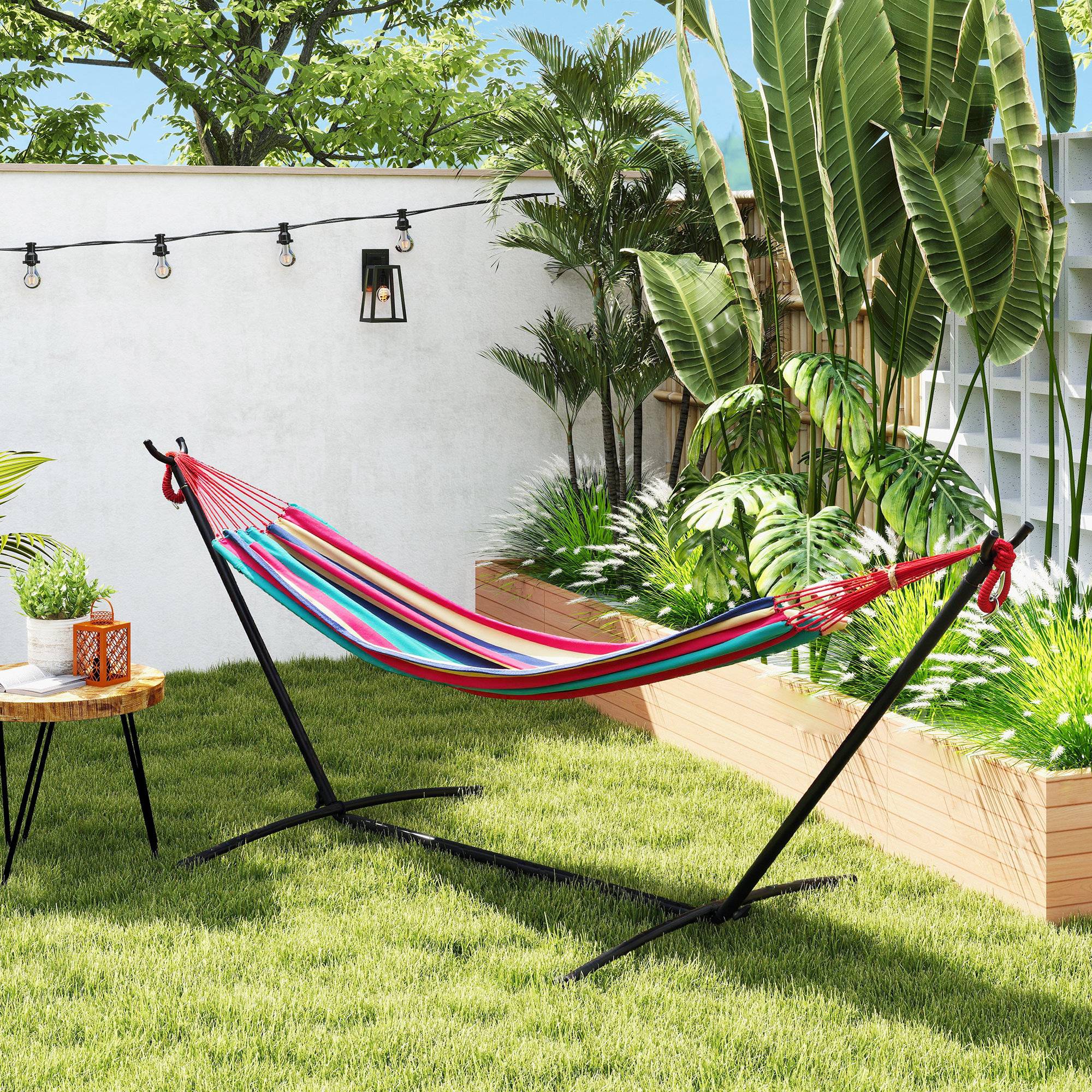Hamac sur pied Métal Coton Jardin Terrasse Hauteur réglable 310cm Rouge - ComfortXL Outdoor Living - Image 4