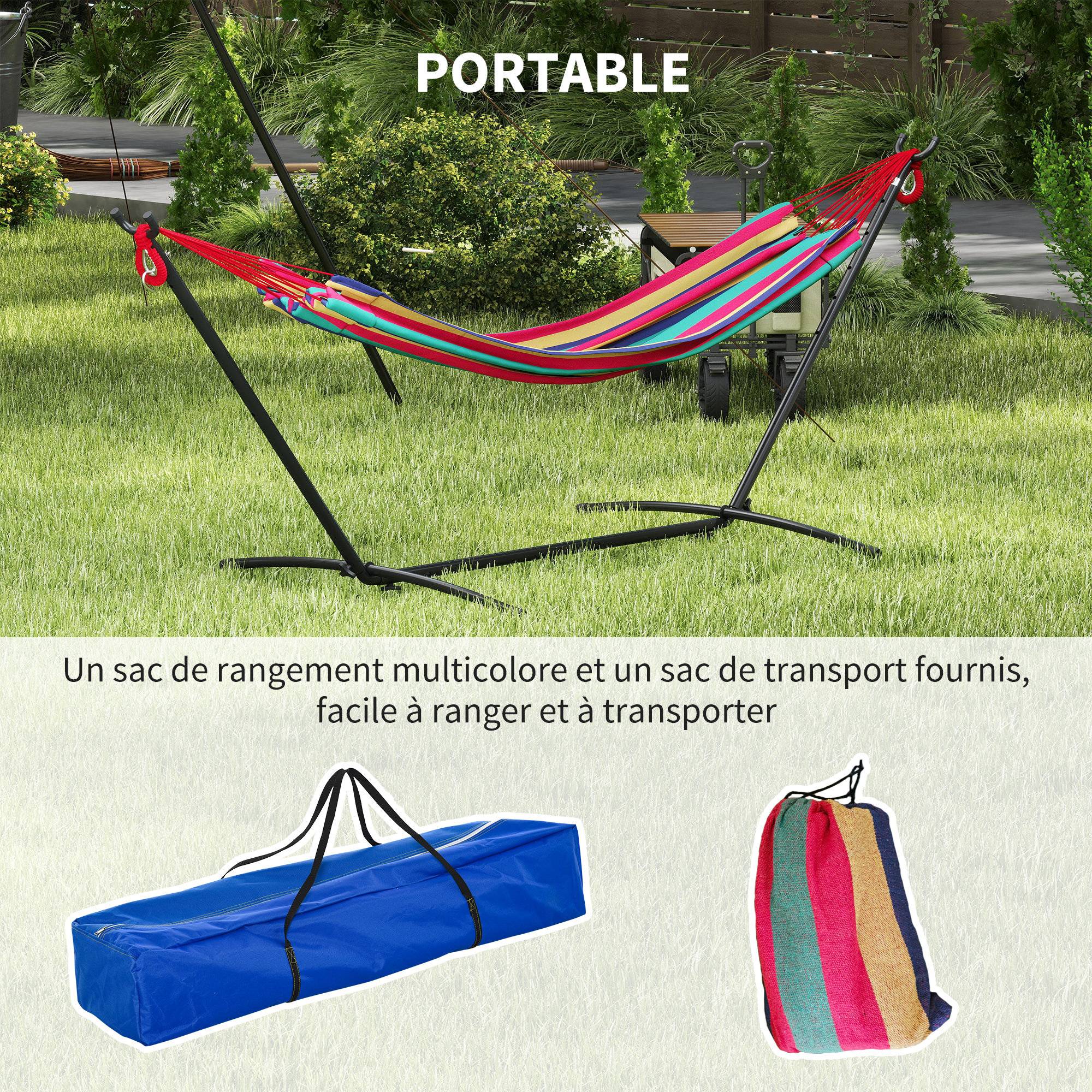 Hamac sur pied Métal Coton Jardin Terrasse Hauteur réglable 310cm Rouge - ComfortXL Outdoor Living - Image 9