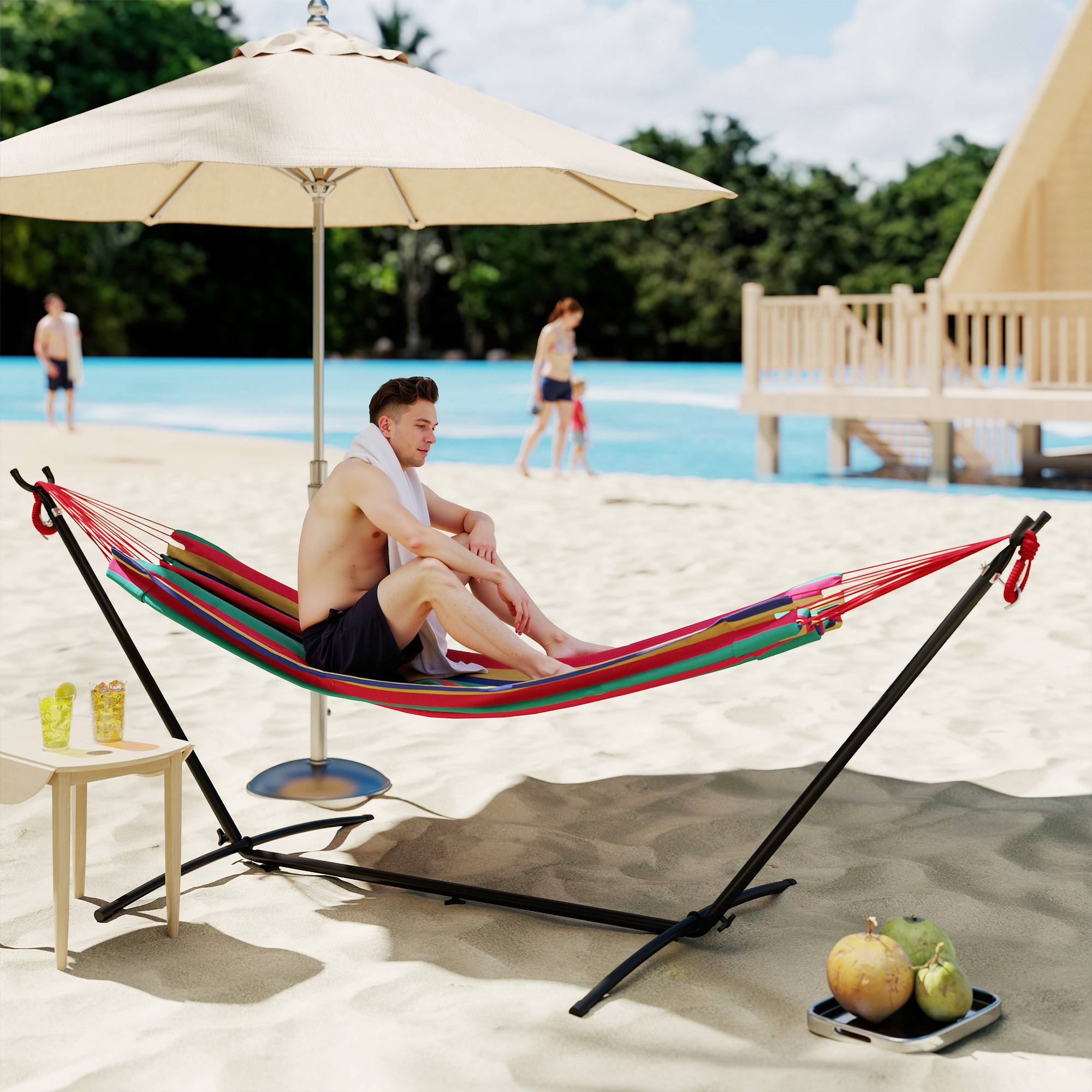 Hamac sur pied Métal Coton Jardin Terrasse Hauteur réglable 310cm Rouge - ComfortXL Outdoor Living - Image 3