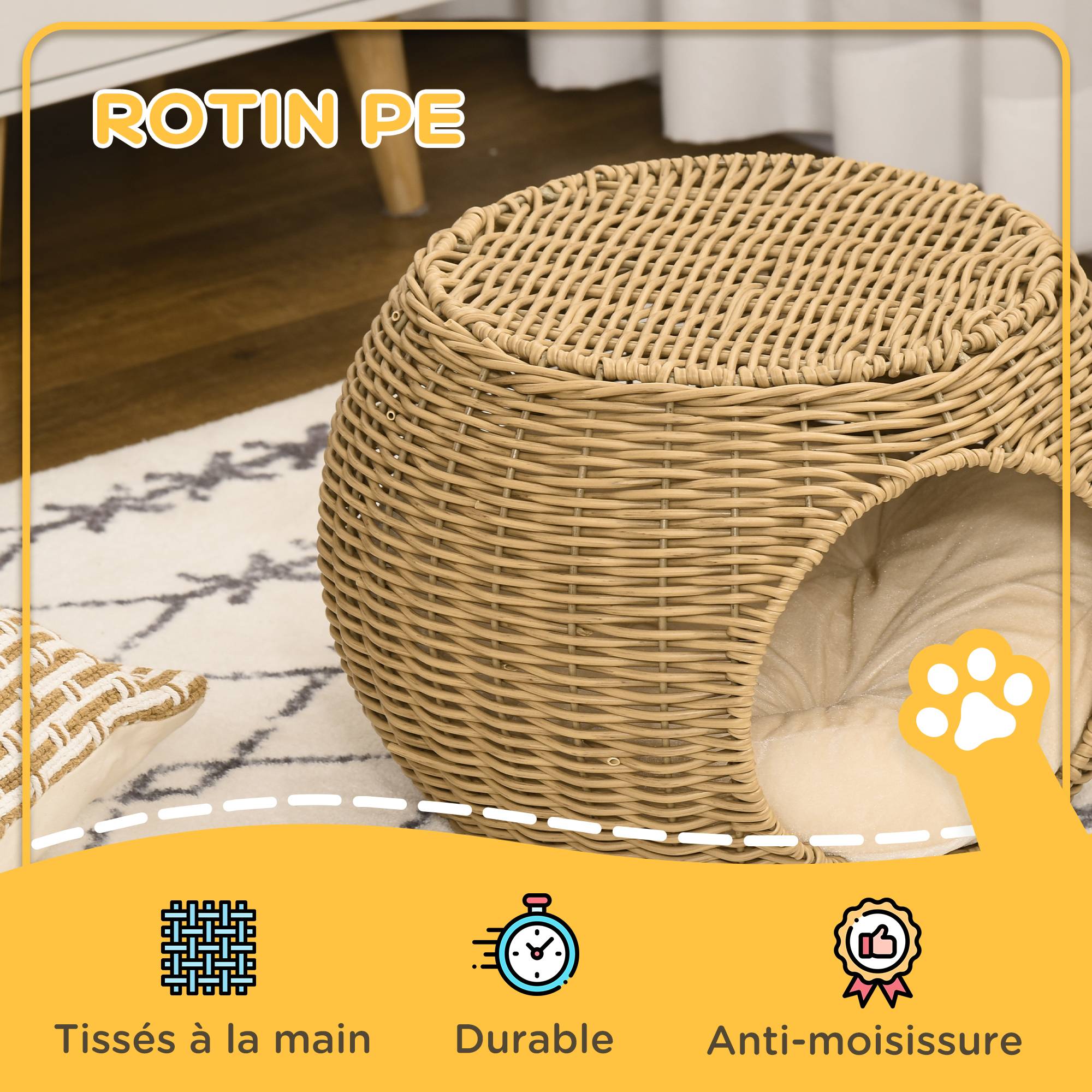Sans Marque - Niche panier maison pour chat 2 niveaux en résine tressée aspect rotin avec 1 coussin doux Ø 40 x 30 cm marron clair - Image 6