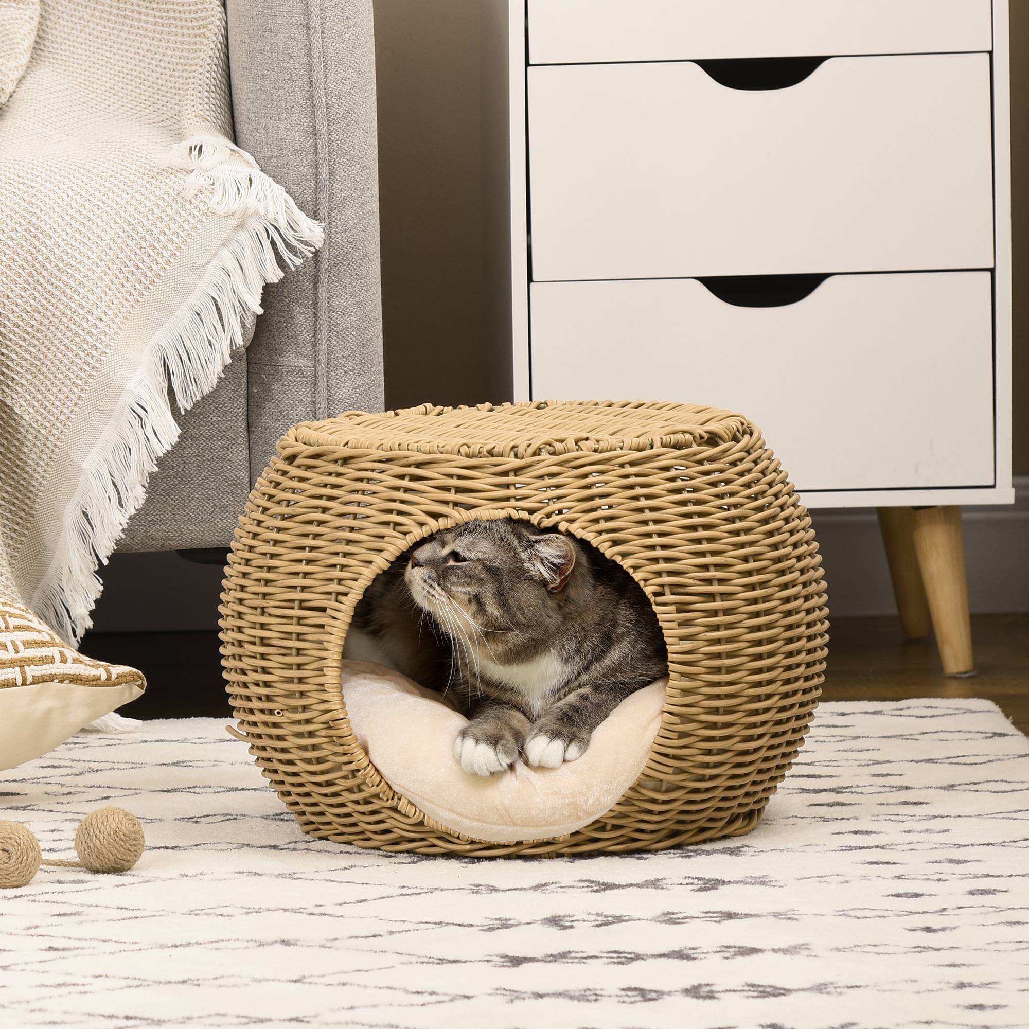 Sans Marque - Niche panier maison pour chat 2 niveaux en résine tressée aspect rotin avec 1 coussin doux Ø 40 x 30 cm marron clair - Image 3
