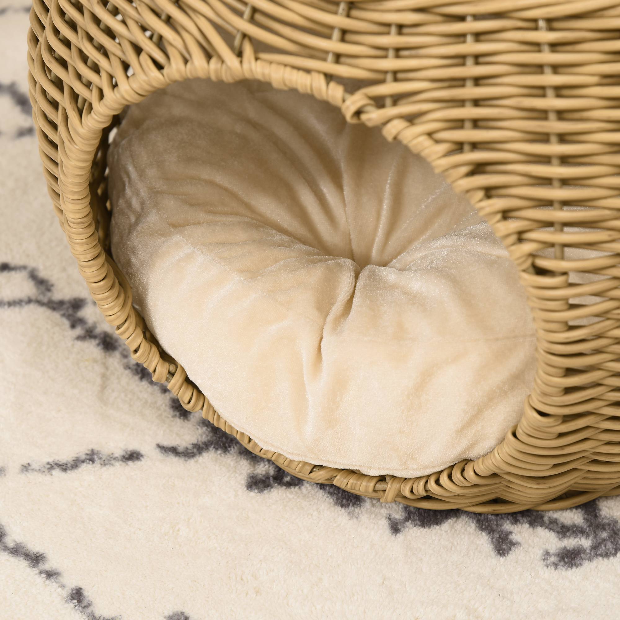Sans Marque - Niche panier maison pour chat 2 niveaux en résine tressée aspect rotin avec 1 coussin doux Ø 40 x 30 cm marron clair - Image 10