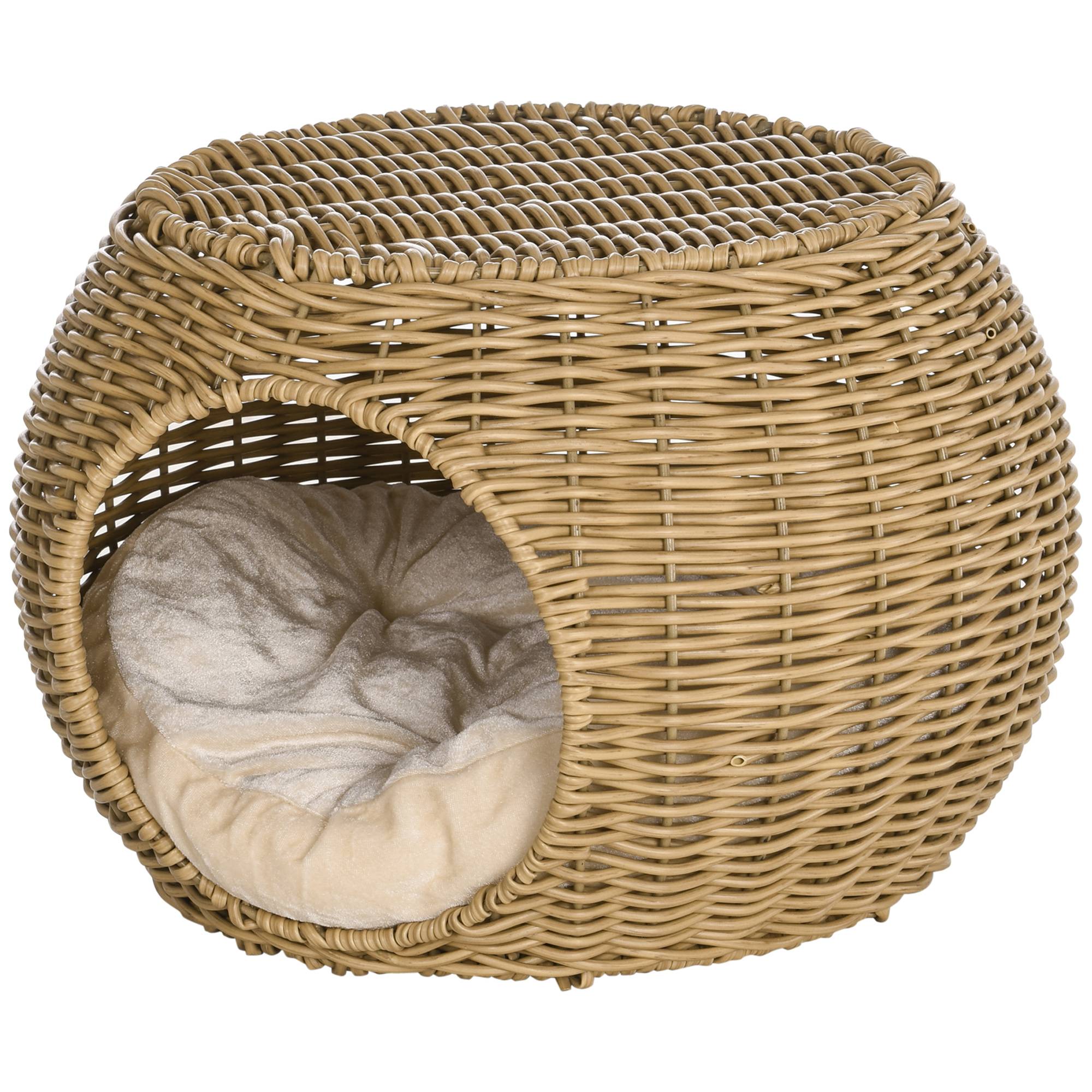 Sans Marque - Niche panier maison pour chat 2 niveaux en résine tressée aspect rotin avec 1 coussin doux Ø 40 x 30 cm marron clair - Image 2
