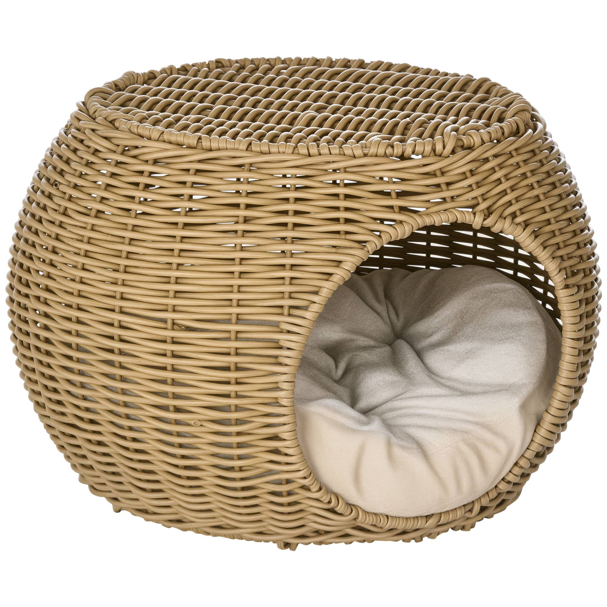 Sans Marque - Niche panier maison pour chat 2 niveaux en résine tressée aspect rotin avec 1 coussin doux Ø 40 x 30 cm marron clair - Image 1