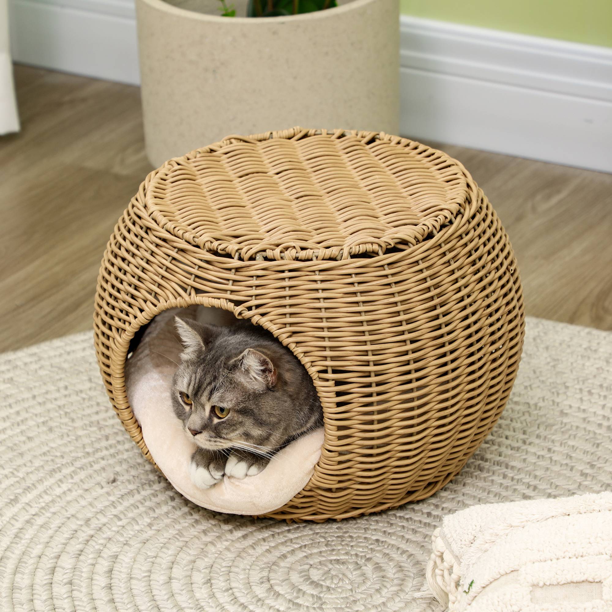 Sans Marque - Niche panier maison pour chat 2 niveaux en résine tressée aspect rotin avec 1 coussin doux Ø 40 x 30 cm marron clair - Image 9
