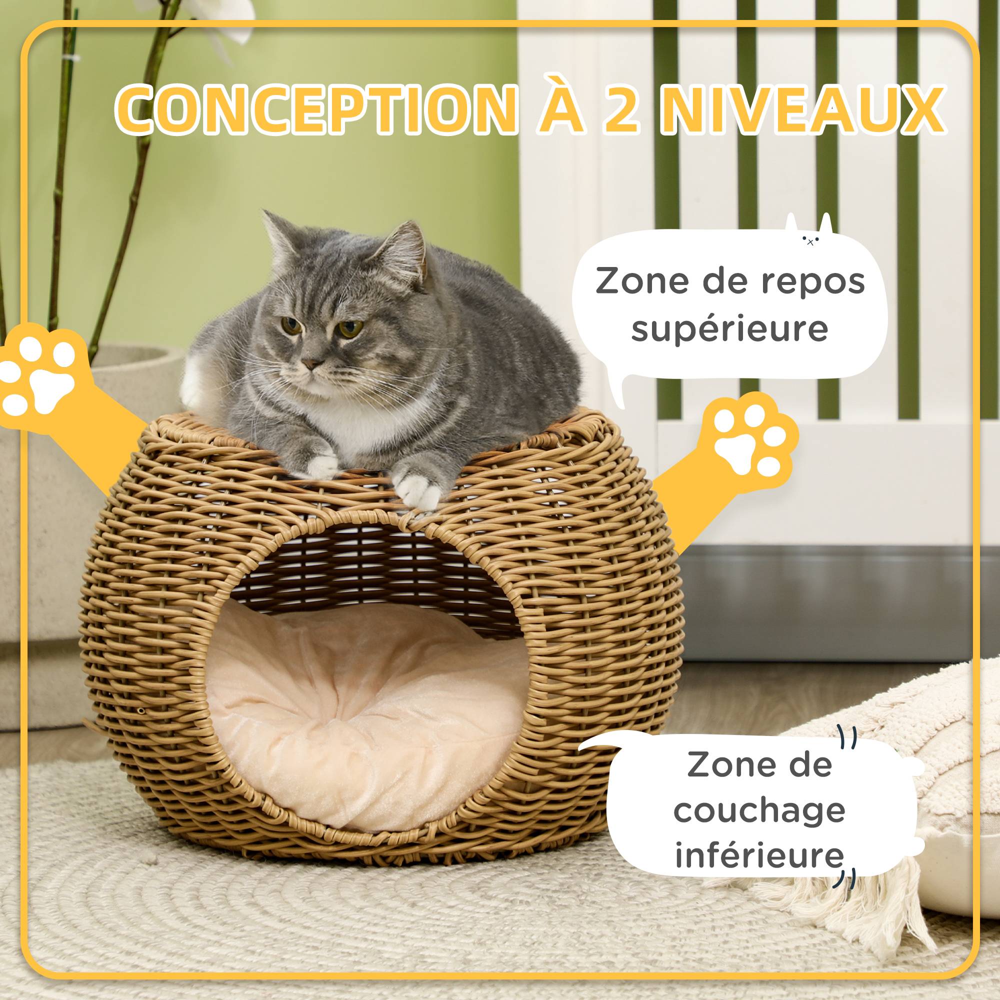 Sans Marque - Niche panier maison pour chat 2 niveaux en résine tressée aspect rotin avec 1 coussin doux Ø 40 x 30 cm marron clair - Image 7