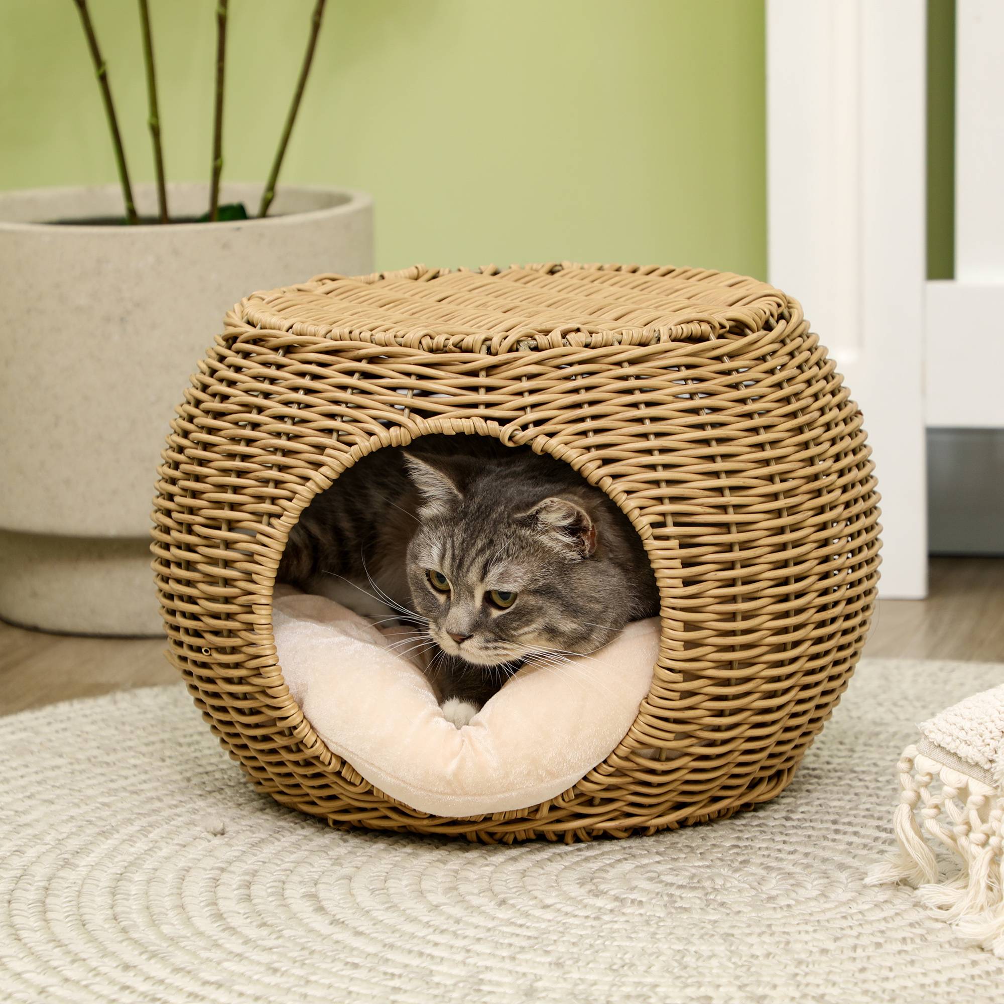 Sans Marque - Niche panier maison pour chat 2 niveaux en résine tressée aspect rotin avec 1 coussin doux Ø 40 x 30 cm marron clair - Image 4