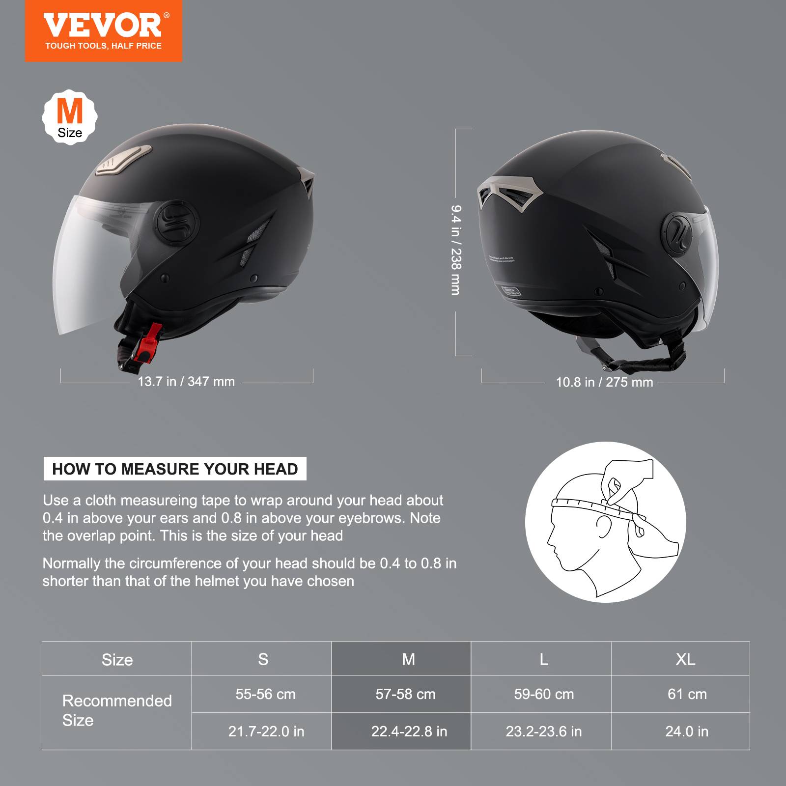 VEVOR Casque moto 3/4 face, ABS, Bluetooth, lentille interchangeable. DOT, pour jeunes, adultes, M. - Image 2