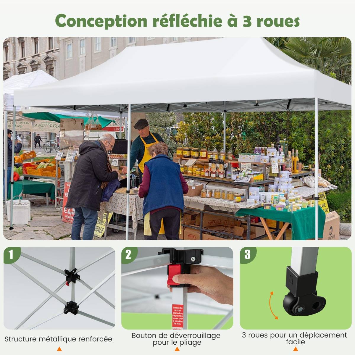 Tonnelle de Jardin Barnum Instantanée 3x6x3m Portable Imperméable SFP +50 avec Roues et Sac 3 Hauteurs Réglable 20 Personnes - Image 6