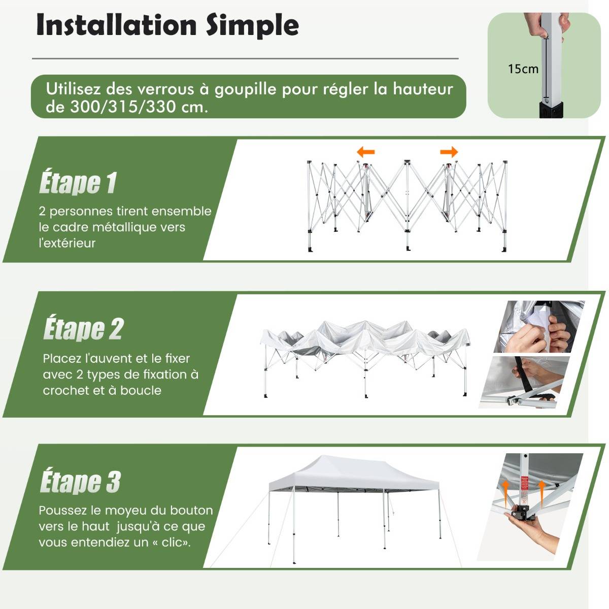 Tonnelle de Jardin Barnum Instantanée 3x6x3m Portable Imperméable SFP +50 avec Roues et Sac 3 Hauteurs Réglable 20 Personnes - Image 7