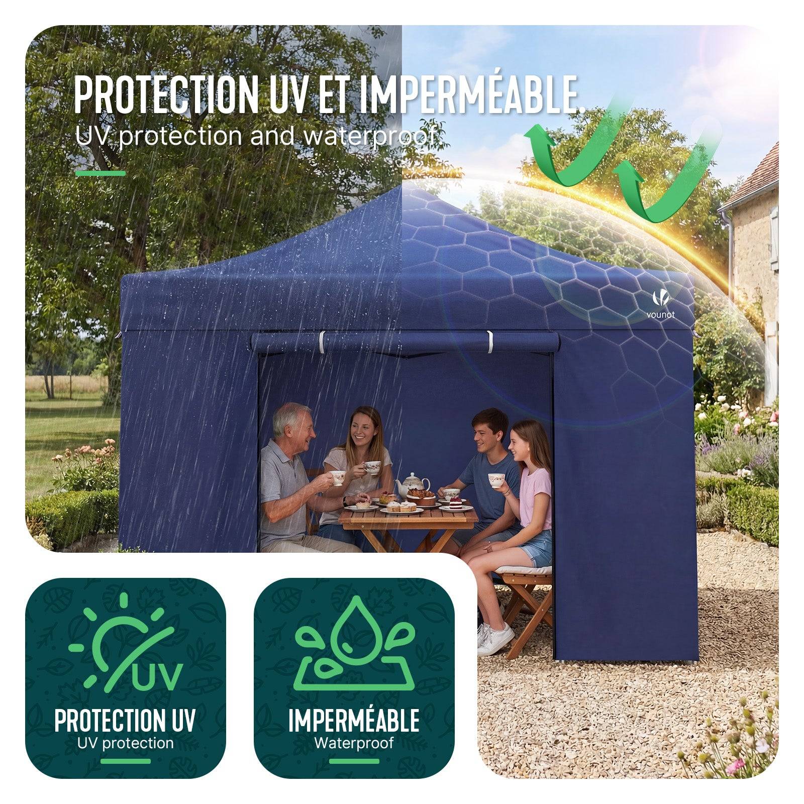 Tonnelle de jardin renforcée 3x3m pliable Barnum avec 4 parois - sac de transport à roulettes et sacs de sable - Bleu - VOUNOT® - Image 5
